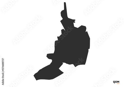 Silhouette map of Qom, Iran. Shows the geographical outline of the region or city in dark grey. Features include simple boundary and partial data icons.