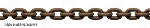 Long Rusty Metal Chain with Weathered Texture and Industrial Design, Heavy Steel Links, Realistic Iron Chain Element, Isolated on Transparent and White Background