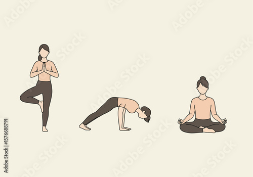 Vector illustration of a woman in different yoga postures. Set of exercises for fitness, mindfulness, and relaxation.