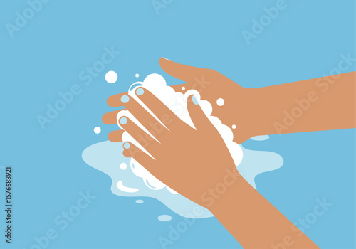 Vector illustration of a person washing hands with soapy foam. Concept of personal hygiene, cleanliness, and disease prevention.