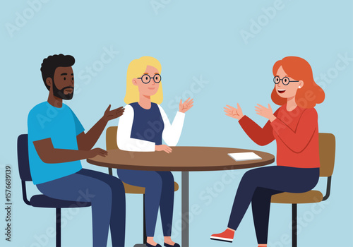 Diverse group of colleagues discussing ideas at a round table. Concept of teamwork, communication, and business meeting.