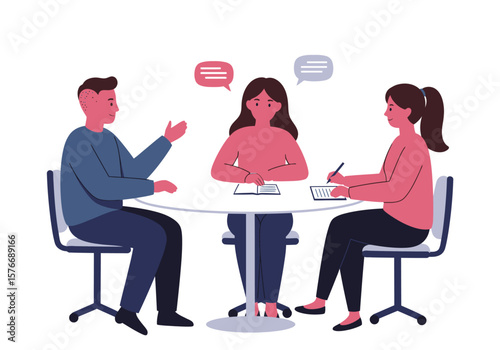 Three colleagues collaborate around a table, discussing ideas and taking notes during a productive meeting.