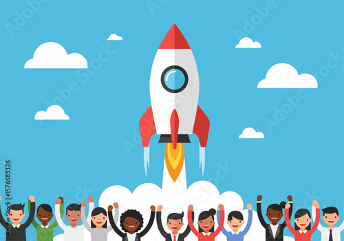 A diverse business team cheers as a rocket launches into the sky, symbolizing a successful startup.