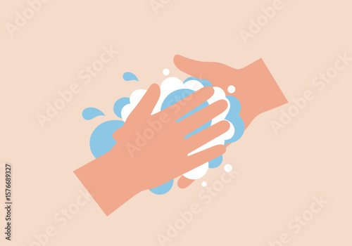 Close-up illustration of two hands vigorously washing with abundant soap and water, creating a foamy lather.
