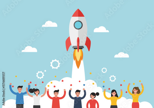 A diverse team of people celebrates with confetti as a rocket launches into the sky, symbolizing a successful startup or project launch.
