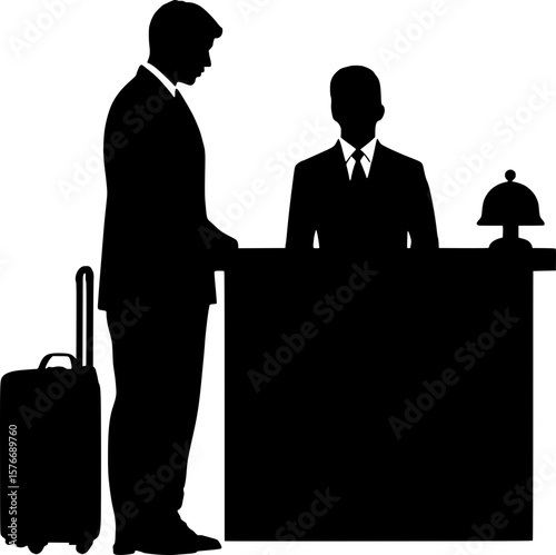 Silhouette of Businessman Checking In at Hotel Reception Counter
