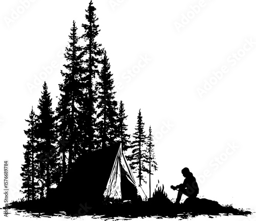 Camping Scene Vector with Tent, Pine Trees, and Camper in Black and White