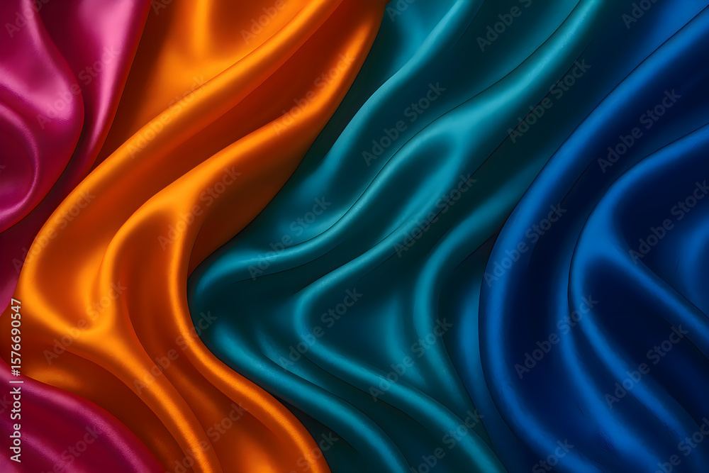 Obraz premium Multicolored satin fabric background with smooth folds and shiny surface creating a rich and luxurious abstract textile texture