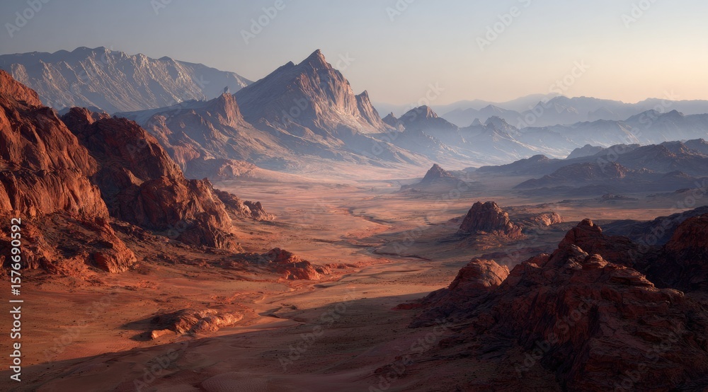 Obraz premium Expansive desert landscape at dawn, showcasing a vast, reddish-brown terrain with rugged mountains and hazy valleys under a soft, pale sky