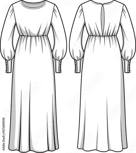  Women's Gathered Midi Dress CAD Drawing Flat Vector Fashion Illustration with Voluminous Balloon Sleeves.