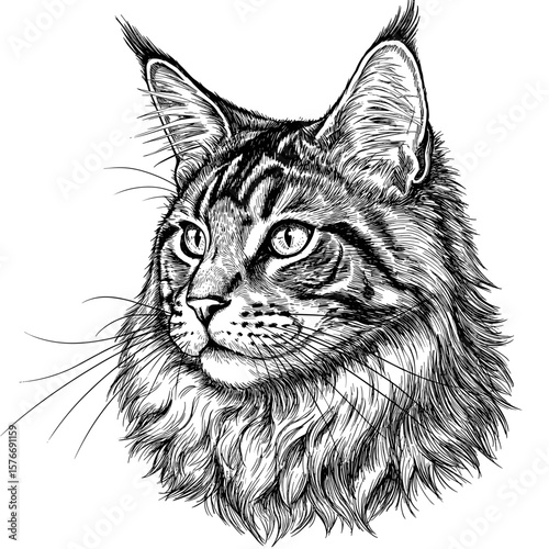 Maine Coon cat detailed sketch with expressive eyes. Majestic maine coon portrait illustration shows elegant feline face. Detailed sketch captures fur texture and intense gaze.
