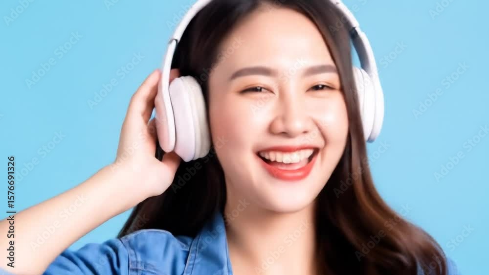 Happy Woman Wearing Headphones In Studio Happy Woman Wearing Headphones In Studio