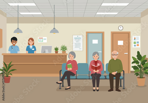 Three Senior Citizens Patiently Await in a Clinic Waiting Room Holding Books.