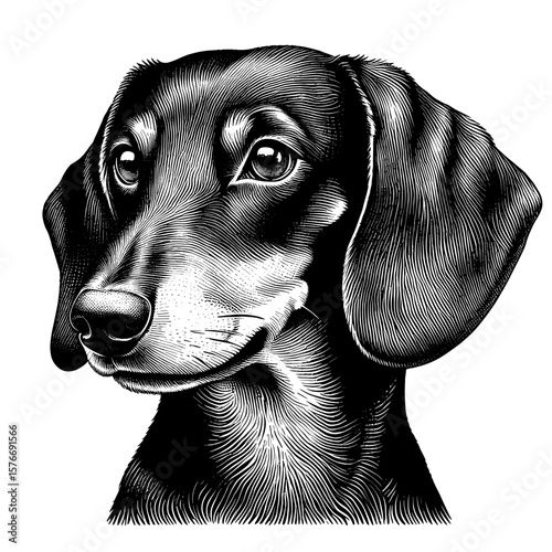Black and white engraving headshot illustration of a Dachshund dog. Detailed dachshund portrait in classic engraving style, showcasing friendly expression and soft fur texture.