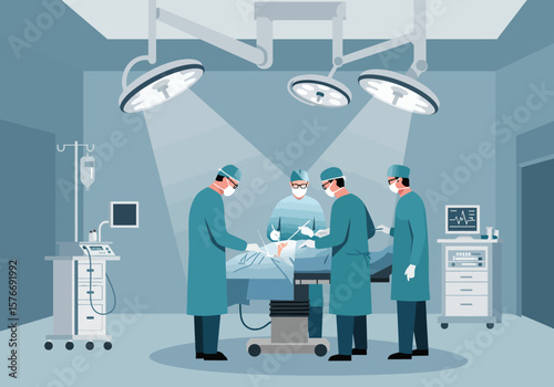 Surgical Team Performing Operation in Operating Room Medical Illustration.