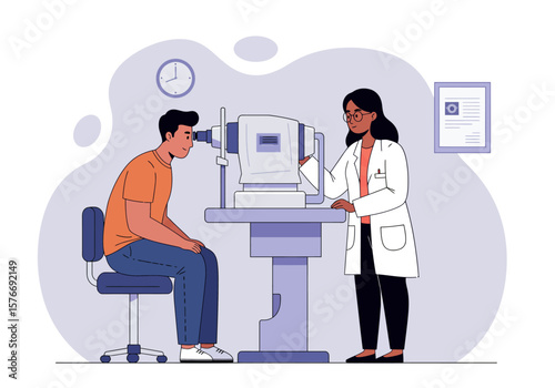 Eye Examination: Man undergoing ophthalmological assessment with a modern phoropter seated and attentive.