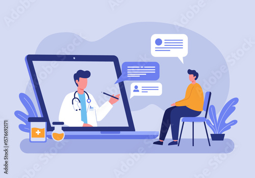 Digital Doctor Explaining Diagnosis to Patient via Laptop Screen Illustration.