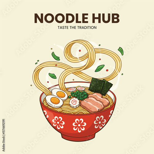 Traditional Asian Noodle Bowl with Egg and Meat Vector Illustration