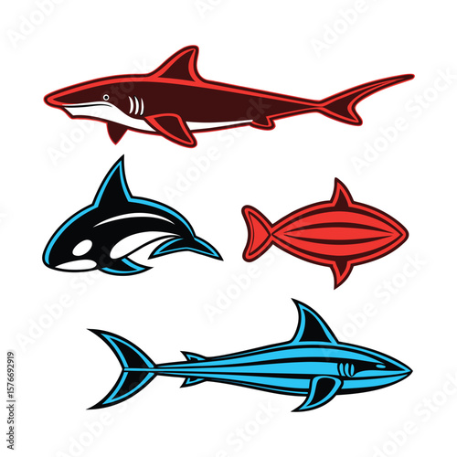 Bold Marine Predators Vector Set — Shark, Orca, Stingray, Barracuda
