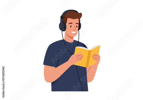 Man Listening to Audiobook with Headphones Enjoying literature and learning through a modern digital format.