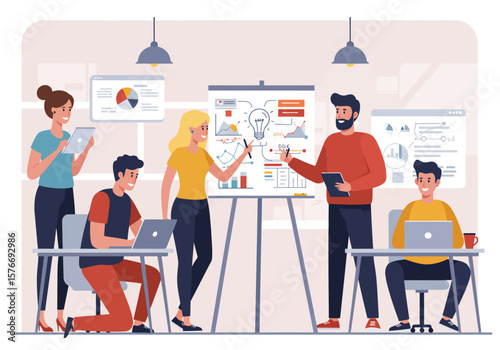 Team brainstorming ideas for innovation in a modern office setting, fostering collaboration and strategy development for success.
