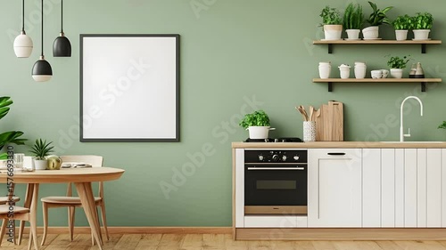 Modern kitchen design green walls, wooden accents, a blank frame your design. Perfect lifestyle blogs home decor websites.