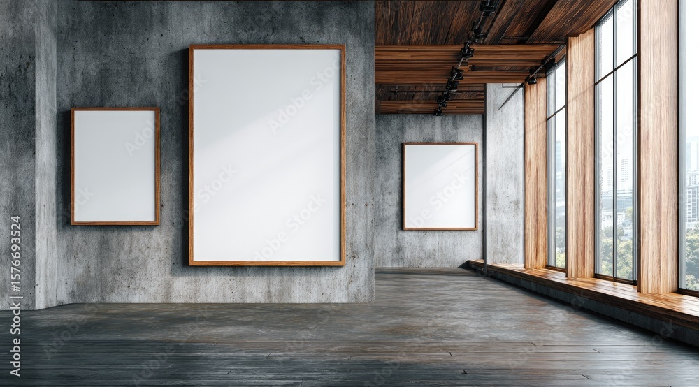 Fototapeta premium A modern, industrial-style interior features three blank, framed canvases on a concrete wall,