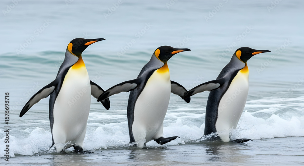 Fototapeta premium King Penguins' Coastal Stroll: A Serene Wildlife Scene