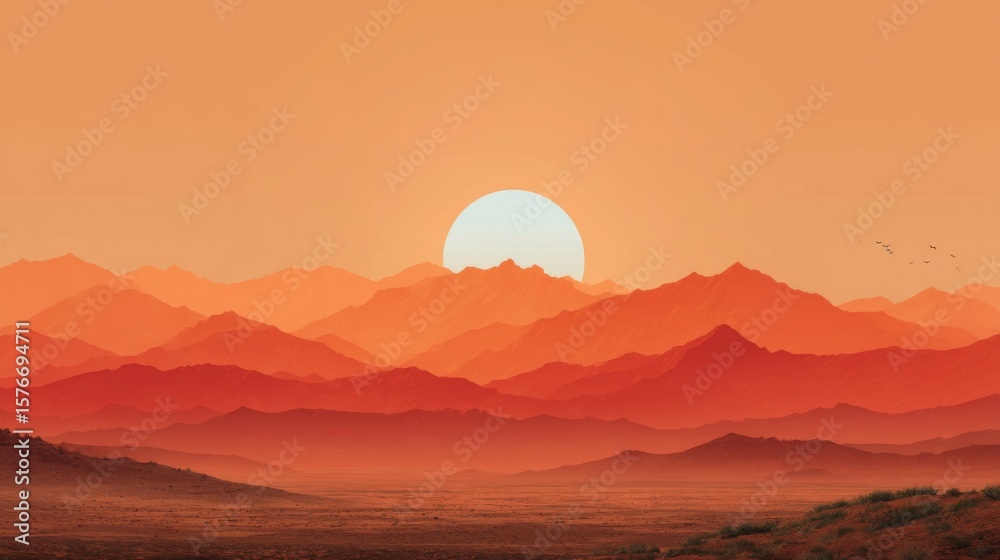 Fototapeta premium Red And Orange Sunset Over Pixel Art Mountain Range