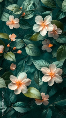 Pale Blooming Flowers and Vibrant Green Leaves Create Delicate Organic Pattern Background