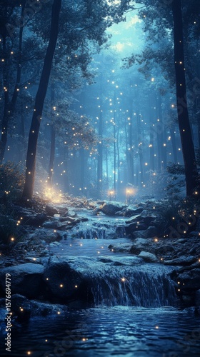 Enchanted Blue Forest Stream with Twinkling Golden Lights and Mystical Atmosphere at Night