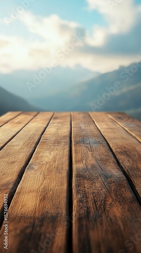 Rustic Wooden Planks with Blurry Mountain Landscape Background and Blue Sky