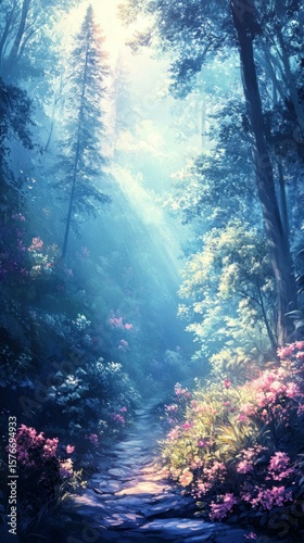 Ethereal Forest Path with Sunlit Mist and Vibrant Blooming Flowers in a Dreamy Woodland