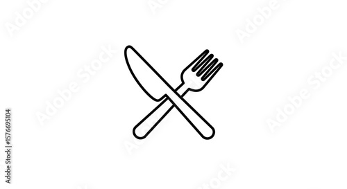 A crossed knife and fork line art illustration isolated on white background