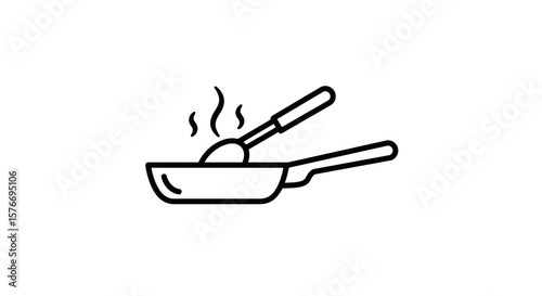 A frying pan with steam and a spoon isolated on white background