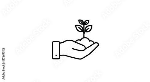 A simple line drawing of a hand holding a seedling isolated on white background