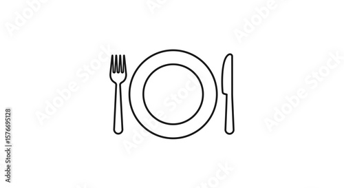 A plate with fork and knife line art illustration isolated on white background