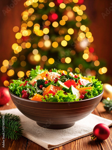 Fresh green salad with festive red and gold holiday decorations