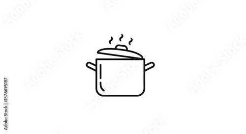 A black and white line drawing of a cooking pot with an open lid