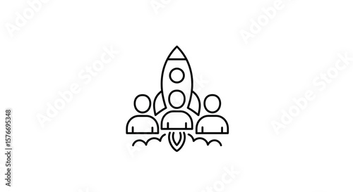 A team launches a rocket, symbolizing a successful startup isolated on white background