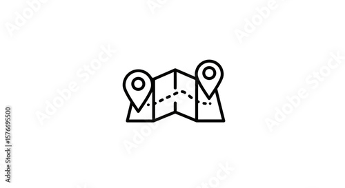 A black outline of a map with location pins isolated on white background