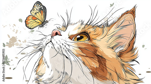 Watercolor Illustration of Fluffy Cat Watching a Butterfly