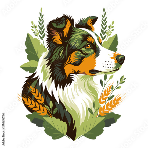 Stylized Australian Shepherd dog portrait surrounded by foliage. This cheerful canine portrait features vibrant green leaves and wheat, creating a rustic farm life scene.