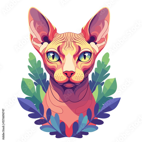 Stylized Sphynx cat illustration with colorful foliage background. Sphynx cat portrait in vibrant colors surrounded by green leaves.