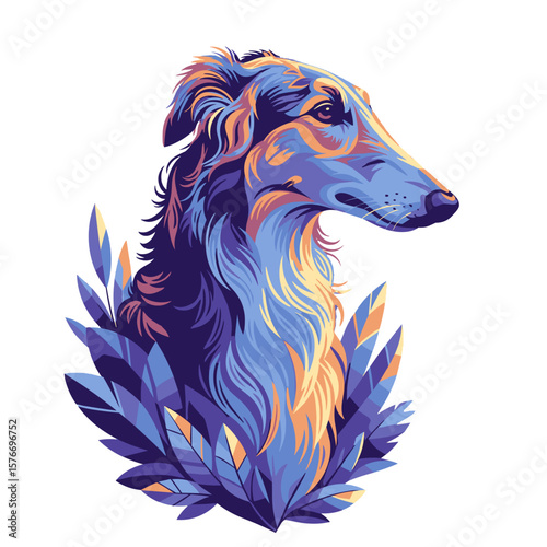 Stylized Russian Borzoi dog portrait surrounded by colorful leaves. This elegant canine profile is framed by vibrant blue and orange leaves, creating a cheerful and artistic design.