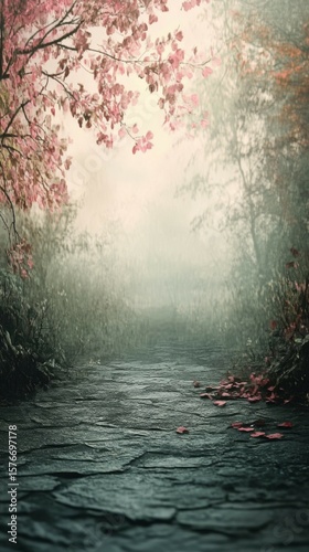 Tranquil Stone Path with Pink Leaves Leading Through a Misty Enchanted Forest