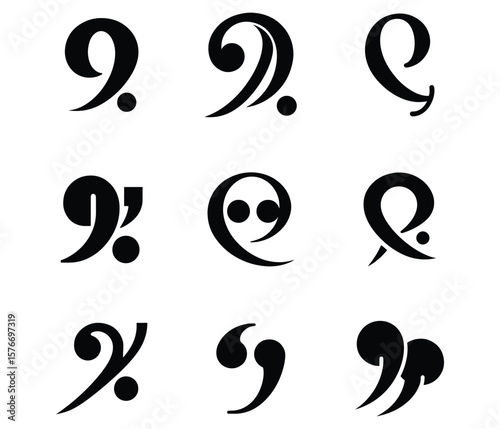 Bass clef icon set – abstract music note symbol silhouette vector on white background