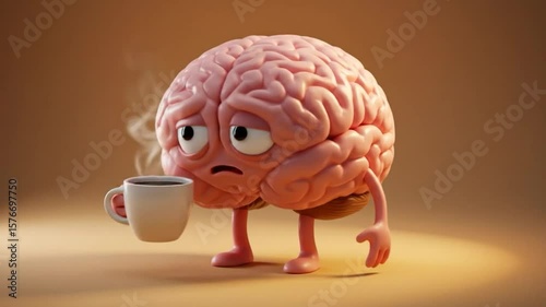 Animated Brain Character Holding Coffee Cup, Looking Tired and Sleepy