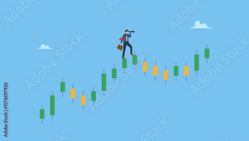 Businessman investor look through telescope on trading candlestick chart. Investment forecast or prediction, vision to see investing opportunity, future profit from stock and crypto trading.