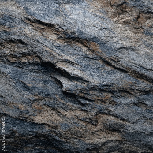 Close-up of a rough, textured rock surface with a mix of dark gray and brown hues, showing natural crevices and irregular patterns